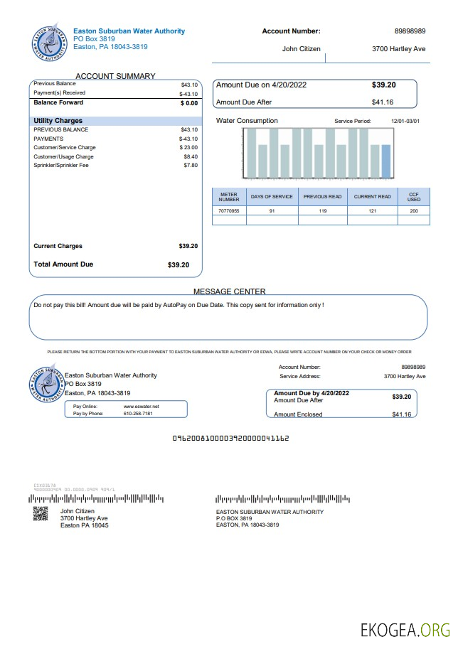 USA Eastern Suburban Water Authority utility bill template in Word and PDF format